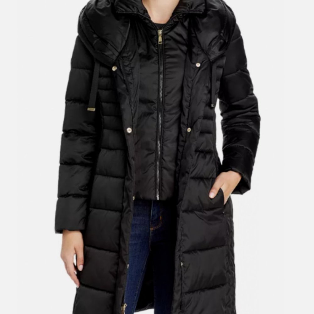 Tahari Mia Black Hooded Puffer Coat